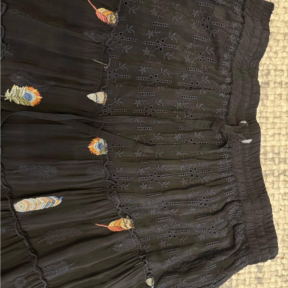 Johnny Was Black Tiered Maxi Skirt with Multicolor Feather Motifs - Picture 2 of 3